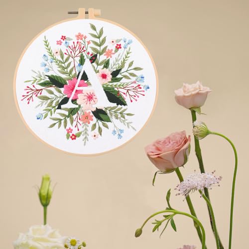 Image of IUHUI Embroidery Kit for Beginners Adults - 26 Floral Letters Easy Patterns, DIY Hand Stitching Embroidery Set with Hoop (Flower and Grass Letter A)