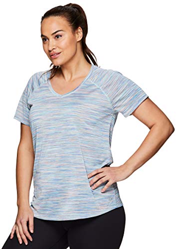 RBX Active Women's Plus Size Striated V-Neck Short Sleeve Top S.19 Teal 2X