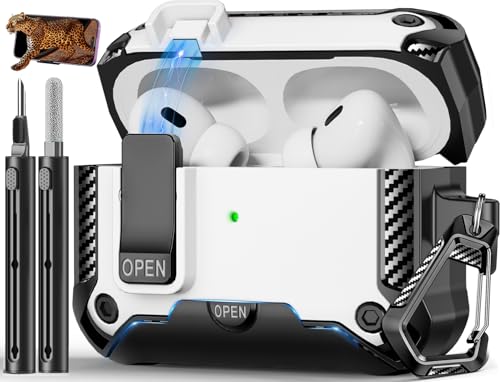 Image of for AirPods Pro 1st /2nd Case with Lock & Phone Stand(White) | Automatic Snap Switch Lock,Carbon Fiber Texture Design Cover with Cleaner Kit