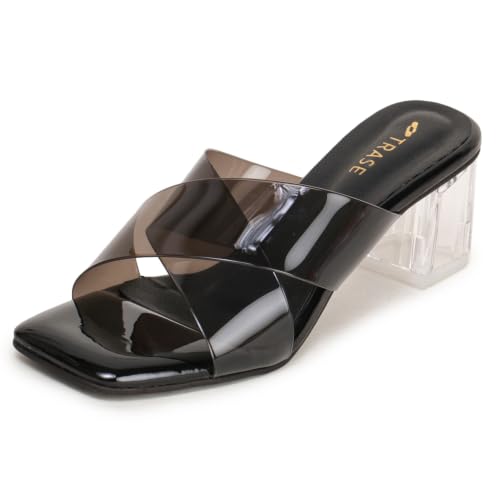Image of TRASE Transparent Cross Strap Block Heels for Women Stylish | Fashionable Heel Sandals for Girls | Elegant & Formal Footwear