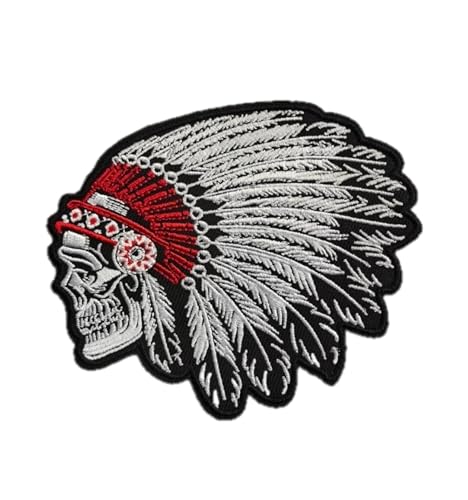 Patch brodé tête de mort indien 10 x 9 cm – écusson biker moto skull thermocollant ou à coudre – patch motard pour gilet, veste cuir, blouson,...
