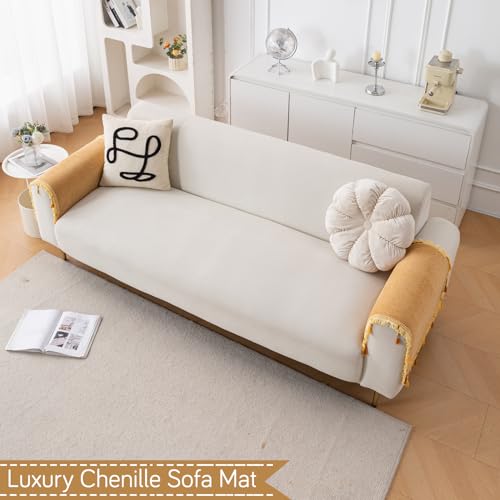 Image of HOKIPO 'Serenity Tassel' Chenille Sofa Arm Cover with Tassels - 1 Pair | Sunlit Amber (IN-893-GLD*2)