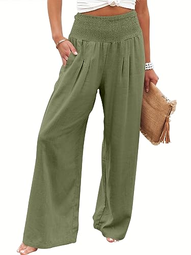 Image of ANRABESS Women Linen Palazzo Pants Summer Boho Wide Leg High Waist Casual Lounge Pant 2026 Beach Travel Vacation Outfits