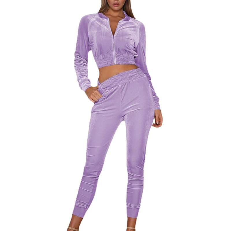 Damski zestaw dresowy welurowy dres 2-częściowy strój z zamkiem błyskawicznym crop top slim fit bluza i spodnie odzież sportowa zestaw do joggingu