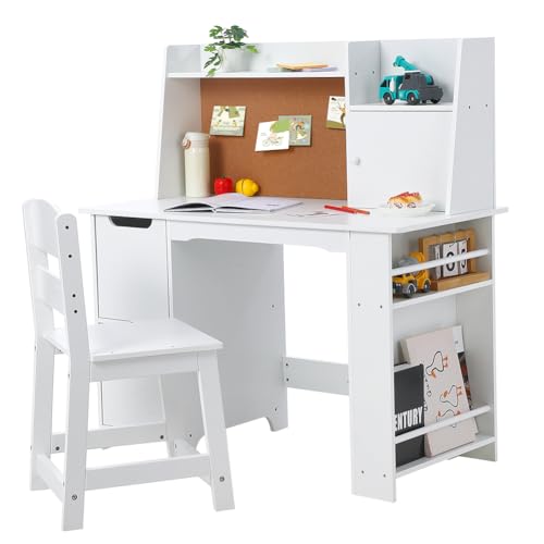 JoanKaren White Study Desk and Chair Set with Storage - Kids' Learning Table for Boys and Girls, Ages 3-8