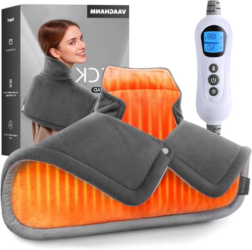 VAAGHANM Heating Pad: Electric Heat Pad for Neck & Shoulders & Back - Weighted Instant Heating Pads-6 Heat Options & 6 Auto Timer Mode- Gifts for Mom Women-Grey