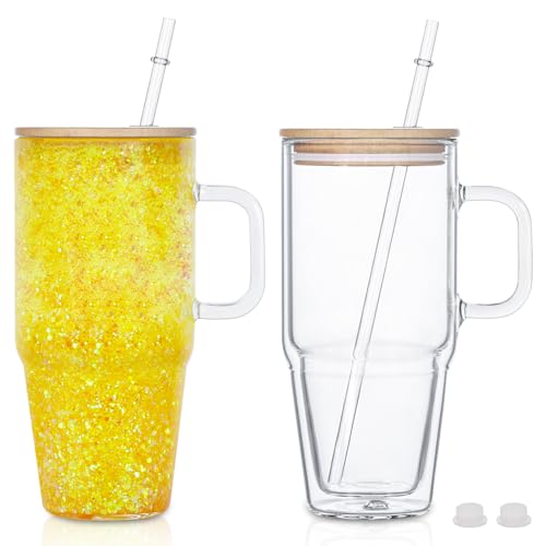 32 Oz Glass Snow Globe Tumbler Cup With Handle, Pre-Drilled Double Wall Glass Coffee Mug For Snow...