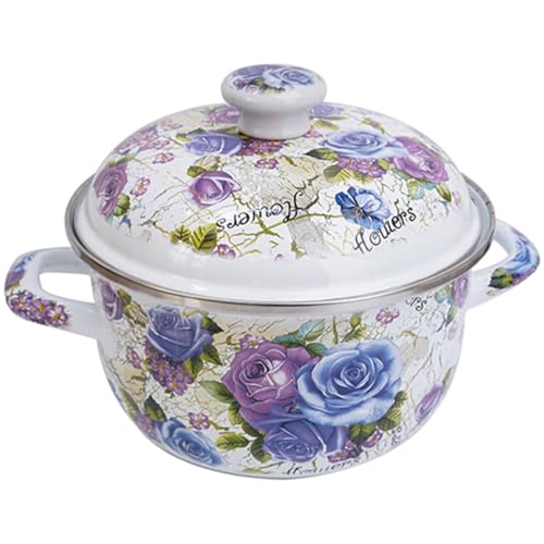 Happyyami Olla Esmaltada de Cocina Vintage de 20 Cm Doble Asa Olla de Sopa para Inducción y Gas para Guisar y Cocinar Alimentos Caseros