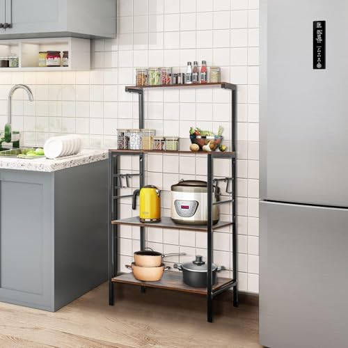 رف خبازين للمطبخ من ماستيل كيتشن، رف تخزين للمطبخ من 4 طبقات، عربة ميكروويف للقهوة والميكروويف مع 4 خطافات، رفوف للخبازين للمطابخ مع مساحة تخزين (بني ريفي)