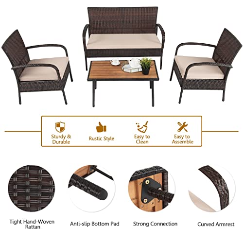 Lukeo 4Pcs Patio Rattan Furniture Set Outdoor Conversation Set Coffee Table W/Cushions Single Chair #TOP5