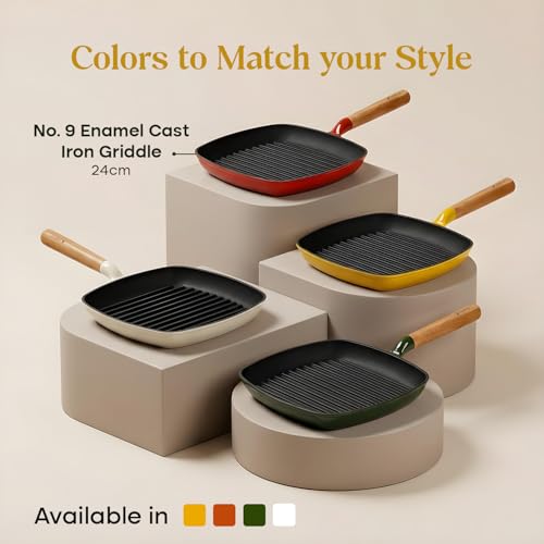 Image of CUMIN CO. Enamel Cast Iron Grill Pan | 24 cm, 1.2L | 10 Year Warranty | Non Toxic Non Stick Pan for Kebab and Tikkas | Chemical Free Coating |Gas, Induction & Grill Safe | Mustard