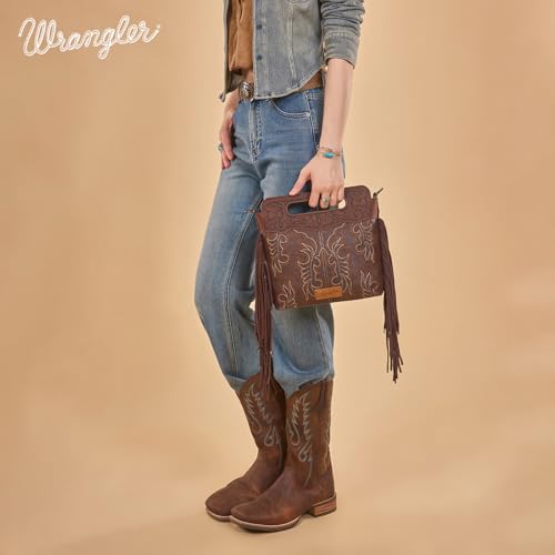Image of Wrangler Western Handbag for Women Crossbody Bag Top Handle Shoulder Bag Embossed Cowgirl Fringe Purse