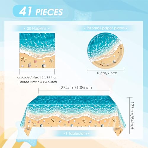 Image of Beach Birthday Party Decorations,41Pcs Disposable Ocean Waves Beach Dessert Plates Napkins Tablecloth Tableware Set Summer Pool Hawaiian Beach Party Supplies for Kids Baby Shower Birthday