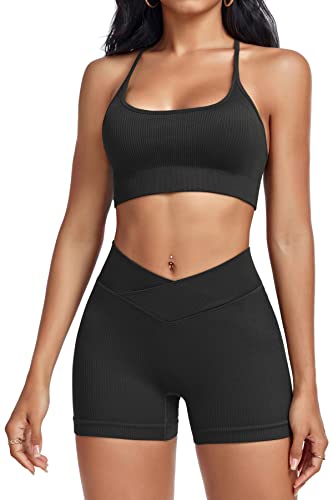 Olchee Womens Workout Sets 2 Piece - Seamless Ribbed Yoga Outfits Scoop Neck Halter Sports Bra Cross Waist Scrunch Butt Lifting Shorts Gym - Black Large #TOP20