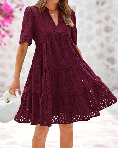 Image of BTFBM Womens Boho Summer Dresses 2026 Spring V Neck Short Sleeve Hollow Out Lace Ruffle Casual Beach Mini Vacation Dress