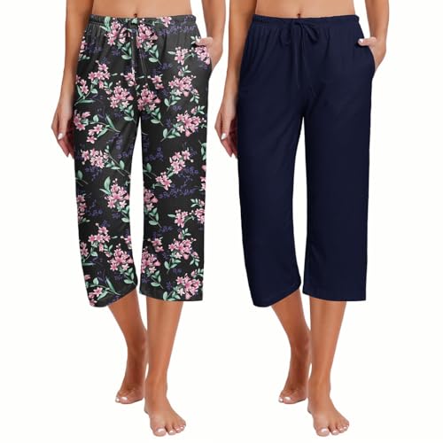 Ekouaer 2 Pack Women's Capri Pajama Pants Printed Drawstring Comfy Pj Bottoms With Pockets