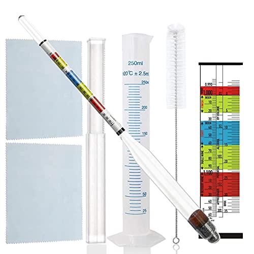 Specific Gravity Hydrometer Beer Hydrometer Alcohol Meter Alcohol Measuring Tools with 250 ml Plastic Cylinder Cleaning Brush Wine Hydrometer Test Jar for Wine, Beer