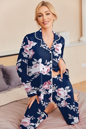 Image of Ekouaer Womens Pajama Sets Long Sleeve Sleepwear Soft Button Down Loungewear Pjs Lounge Set Nightwear,Floral Navy Pink,Medium