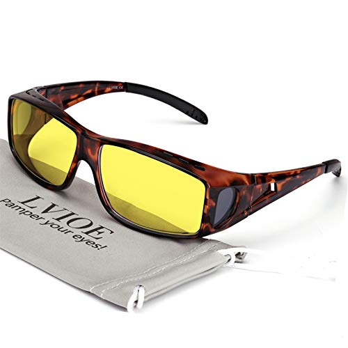 LVIOE Wrap Around Night Vision Glasses, Fit Over Prescription Glasses with HD Polarized Yellow Lens Night Driving Glasses (Tortoise Frame/ Yellow Lens Night Vision Glasses, Yellow)