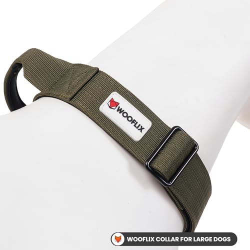 Image of Wooflix Metal Dog Collar for Training and Walks | Nylon Collar with Tactical Metal Buckle and D-Ring for Medium and Large Dogs | Dog Collar for Heavy Breed Dogs (Army Green T2, Large)