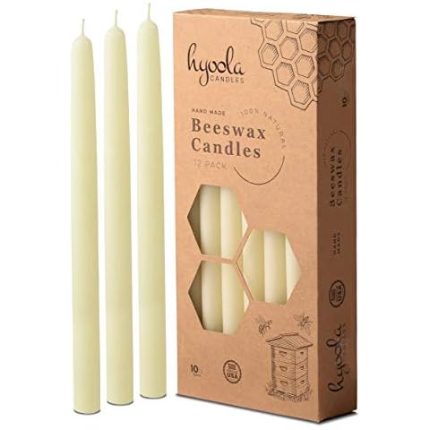 Hyoola 10" Beeswax Taper Candles 12 Pack - Handmade, All Natural, 100% Pure Unscented Bee Wax Candle - Tall, Decorative, White - 10 Hour Burn Time Cover