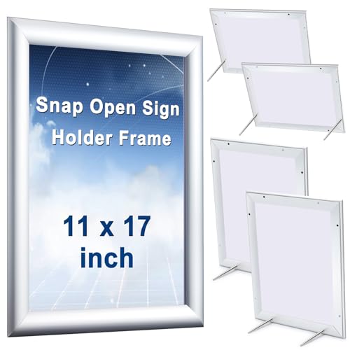 Blulu 4 Pcs Silver 11 x 17 Inch Front Load Easy Open Snap Frame Poster/picture Frame Metal Snap Open Sign Holder Wall Mount or Tabletop