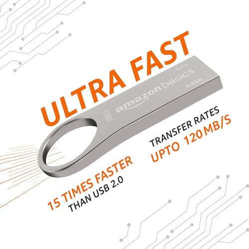 Image of Amazon Basics 64 GB USB 3.0 Pen Drive | Flash Drive | Read Speed Upto 120 MB /s | with Key Ring | Metallic (Silver)