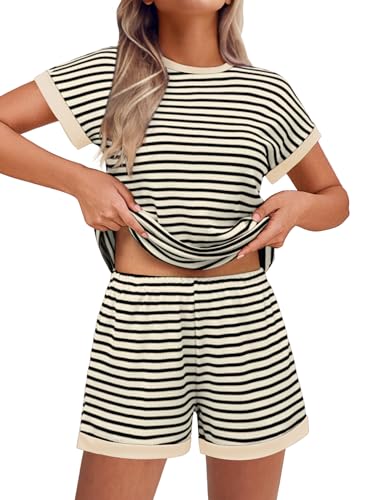 Ekouaer Waffle Knit Lounge Set Women Stripe Pajama...