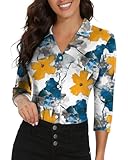 Soneven Womens 3/4 Sleeve Golf Shirts Long Sleeve V Neck Button Down Polo Shirts Business Causal Work Blouses Tops