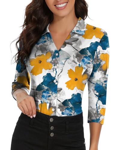 Image of Soneven Womens Golf Polo Shirts 3 /4 Long Sleeve V Neck Button Down Shirts Business Causal Work Blouses Tops