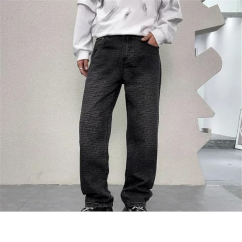 Men's Printed Jeans Retro Washed Loose Wide Leg Straight Denim Trousers3