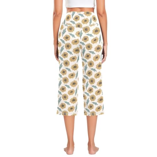 KLL Calça de moletom feminina retrô desenhada à mão com girassol cintura alta para ioga com controle