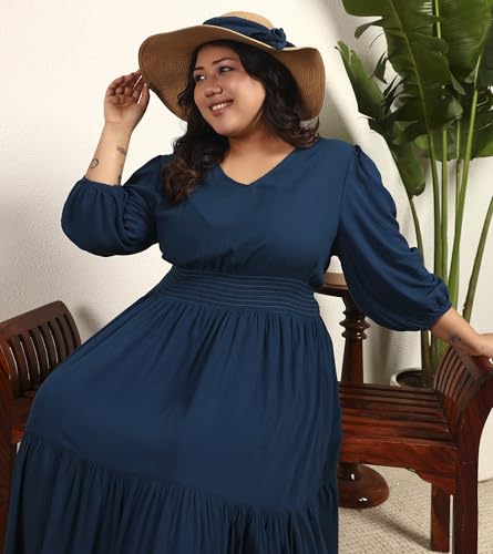 Image of DEEBACO Women's Plus Size Solid Rayon Tiered Maxi Dress|3 /4 Sleeve|V-Neck|Casual Trending Stylish Long One Piece Dresses Women Western