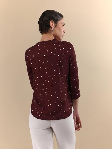 Image of FableStreet Women Shirt Work & Casual | Relaxed Fit Mandarin V-Neck Three-Quarter Sleeves Solid Pattern | Breathable Woven Fabric for Office & Everyday Wear