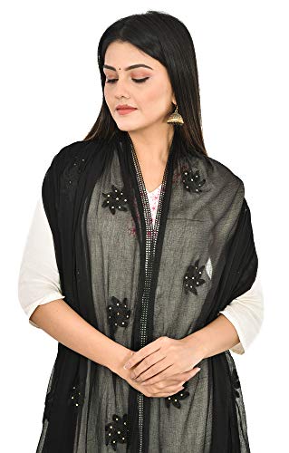 Image of YOUTHQUAKE Flower Embroidered Diamond Work Chiffon Dupatta for Womens & Girls With 4 Side Lace