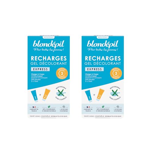Blondépil - Lot 2 Recharges Decolor Express, Creme decolorante visage et corps. Peaux sensibles, Ultra rapide, Crème épilatoire femme Made in France, 89% d’ingrédients d’origine naturelle