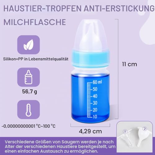Futtermilchflasche-Set für Welpen, Flaschen zur Kätzchenfütterung, Haustierflasche mit Messskala für die künstliche Aufzucht von Neugeborenen (Blau, 60ML)