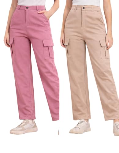 Image of Women's Cargo Pants High Waisted Baggy Wide Leg Cargo Trousers Casual Loose Fit 4 Pocket Utility Streetwear Fashion Work Bottoms, White Black Pink Lavender Beige Brown