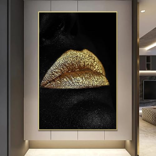 Tableau femme noire lèvres dorées 35x50 cm pour décoration salon moderne