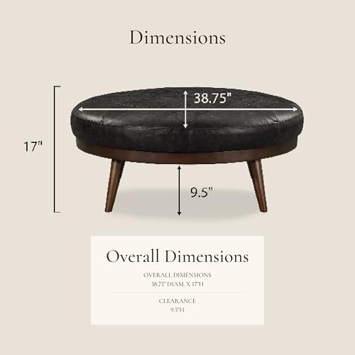 Image of POLY & BARK Gio Ottoman - 30 inch Round with Feather-Down Topper - Full-Grain Leather Upholstery - Couch Ottoman for Living Room - Italian Leather in Onyx Black