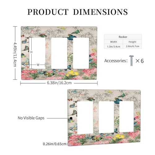 Decorative Outlet Covers Boho Wildflowers Butterfly Rustic Blue Pink Flowers 3 Gang Wall Plate Triple Rocker Light Switch Cover Plate Jumbo Electrical GFCI Faceplate for Country Home Decor