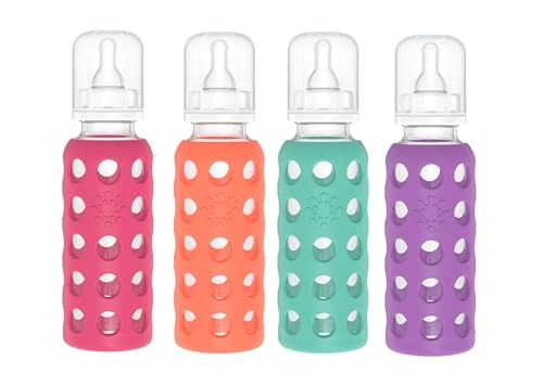 Image of Lifefactory Glass Baby Bottle BPA Free | Protective Silicone Sleeve | 9 oz Pack of 4 | Raspberry, Papaya, Kale, Grape