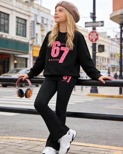 Image of OLMRJKD Girls 2 Piece Outfits Long Sleeve Letter Printed Sweatshirt & Flared Pants Fall Clothing Set Size 7-14 Years