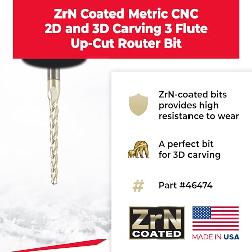Image of Amana Tool CNC 2D 3D Carving Angle Ball Tip Router Bit, ZrN Coated, 46474, 1 Degree Metric, 3.2 Dia x 1.6 Rad x 38 CH x 6 Shk x 75mm Long x 3 Flute