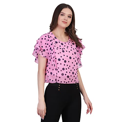 Image of Women's Pink dot Printed Ruffle Sleeve Top, Western Style, Round-Neck