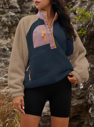 Yanekop Womens Fuzzy Fleece Pullover Sherpa Sweatshirt Long Sleeve Button Down Sweater Winter Fleece Jacket with Pockets3