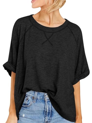 Cicy Bell Damen Oversize T Shirt Sommer Kurzarm Rundhals Oberteil Kurzärmeliges Tops Casual Lockere Basic Shirts Frauen Elegant Bluse Tee Schwarz L