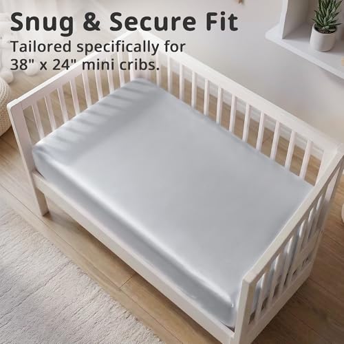 Image of Pro Goleem Satin Mini Crib Sheets 2 Pack, Grey & White Silky Soft Fitted Sheet for Baby Hair Protection, 38 inchx24 inchx5 inch Breathable Mattress Cover Compatible with Pack n Play & Portable Crib