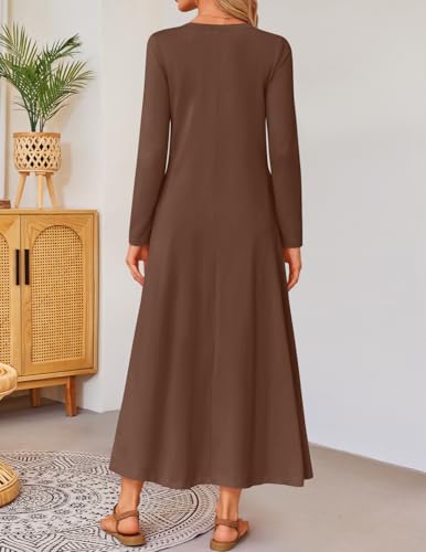 ZESICA Fall Long Sleeve Dressy Casual Maxi Dresses for Women 2025 Elegant Classy V Neck Flowy Tshirt Dress with Pockets3