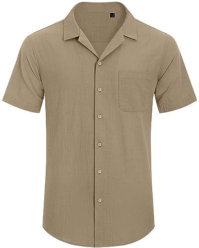 Image of Alimens & Gentle Mens Linen Shirts Cotton Hawaiian Shirts Short Sleeve Button Down Shirts Casual Summer Beach Tops